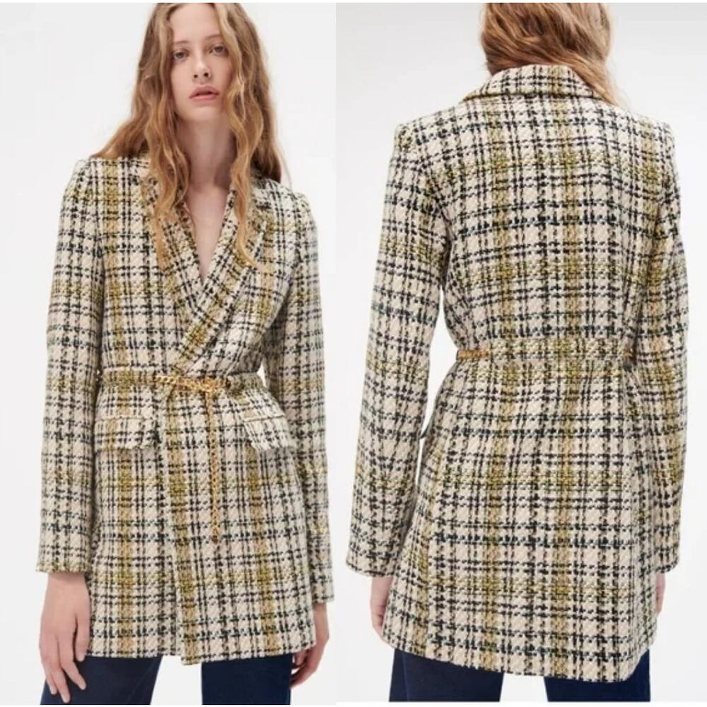 ZARA Women Tweed Coat M Beige Black Plaid Tweed Long Blazer Jacket Classic